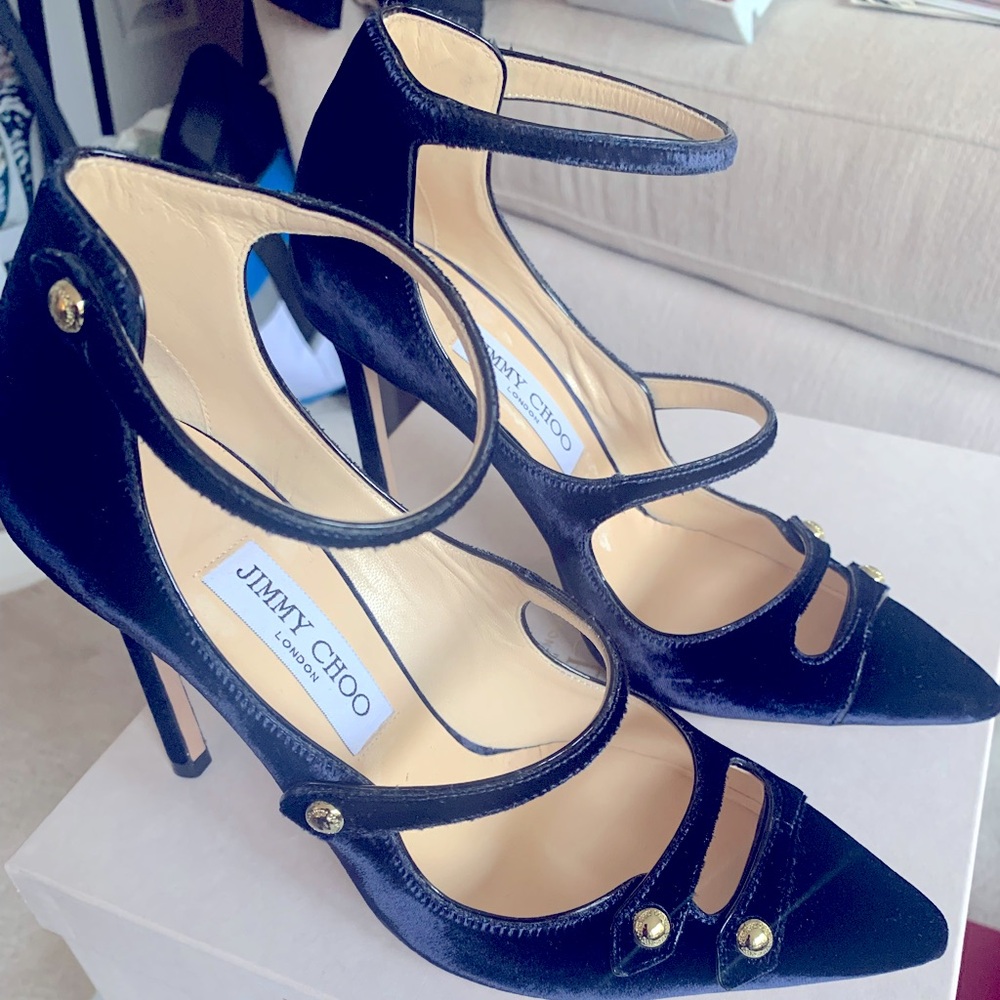 Jimmy Choo Lacey -  Darkest of Navy Blue Velvet double strap heels! 🔥🔥